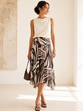 Y2K Abstract Zebra Silk Blend Midi Skirt Gallery Style Gil Bret Designer Size 10